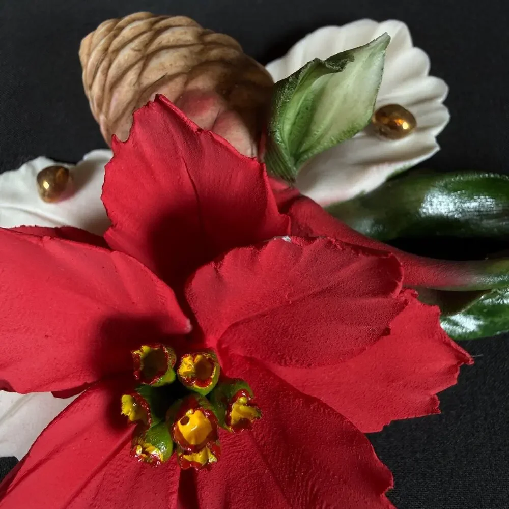 Capodimonte Porcelain Flower Red Poinsettia Pine Cone White and Green Leaves